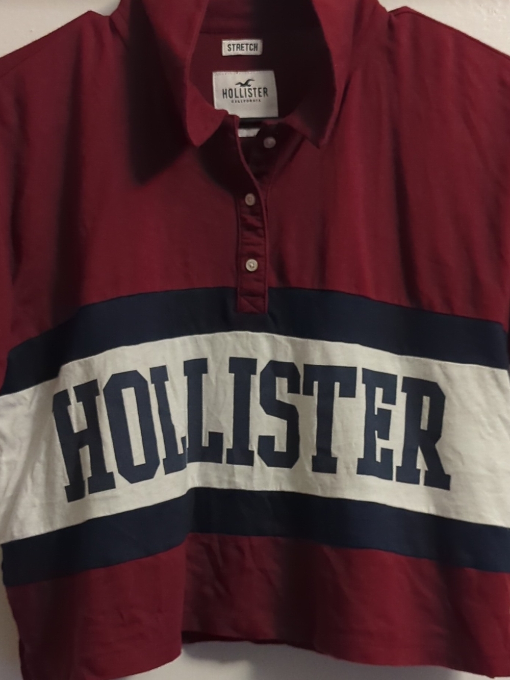 Hollister Red Navy White Cropped Polo Tee